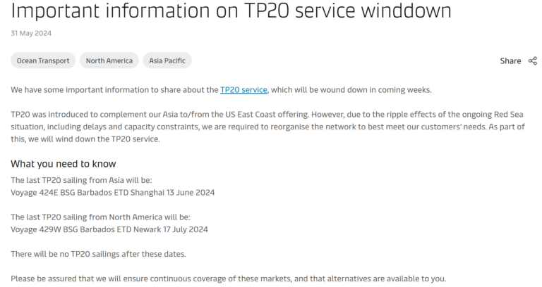 Port congestion! Maersk announces suspension of TP20 East Coast service!